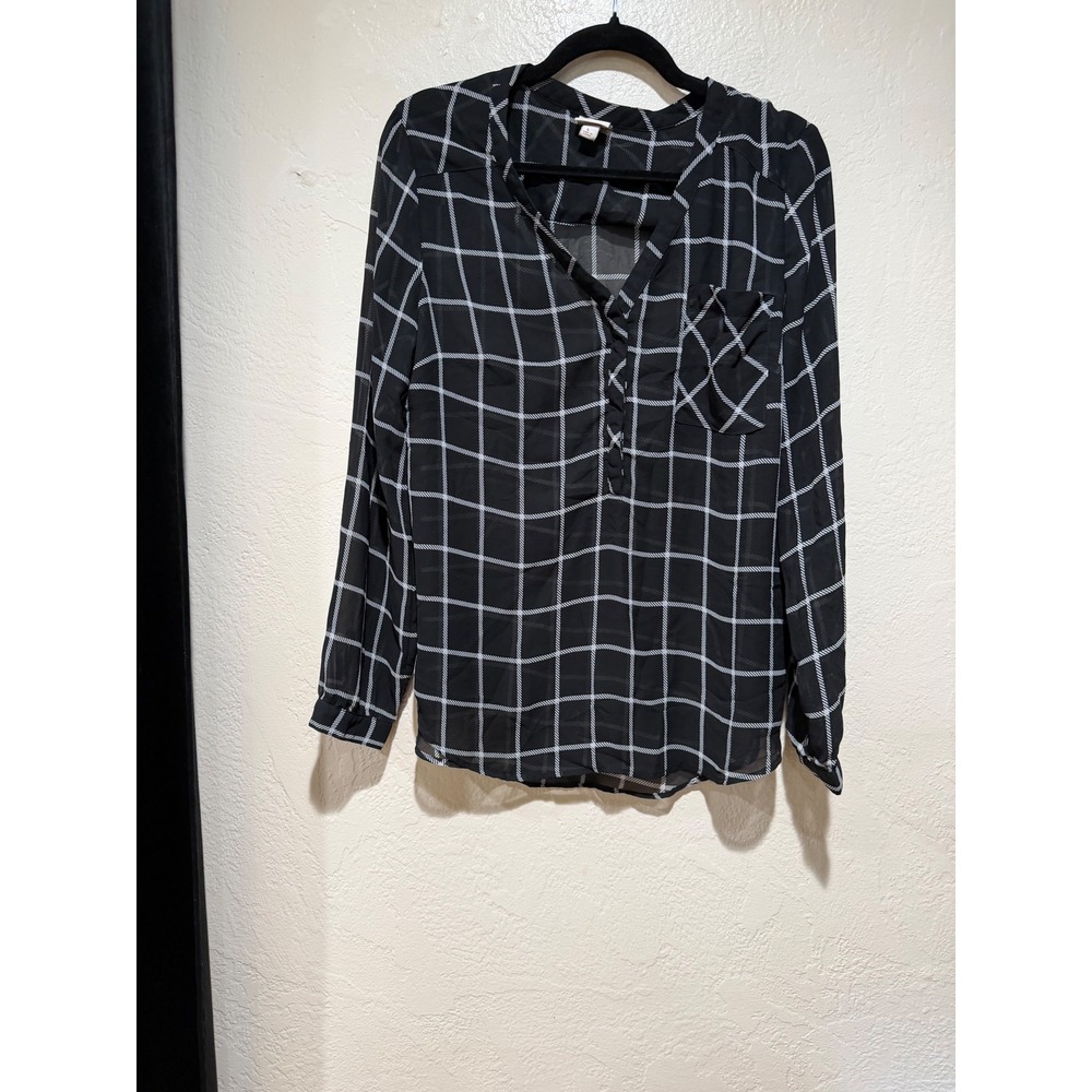 Merona Womens Black White Windowpane Grid Long Sleeve Blouse Top Large L